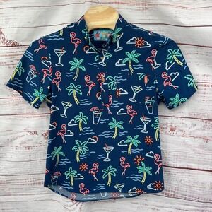 Chubbies Shirt Mens Large Short Sleeve Button Neon Flamingo Palm Tree Cocktail